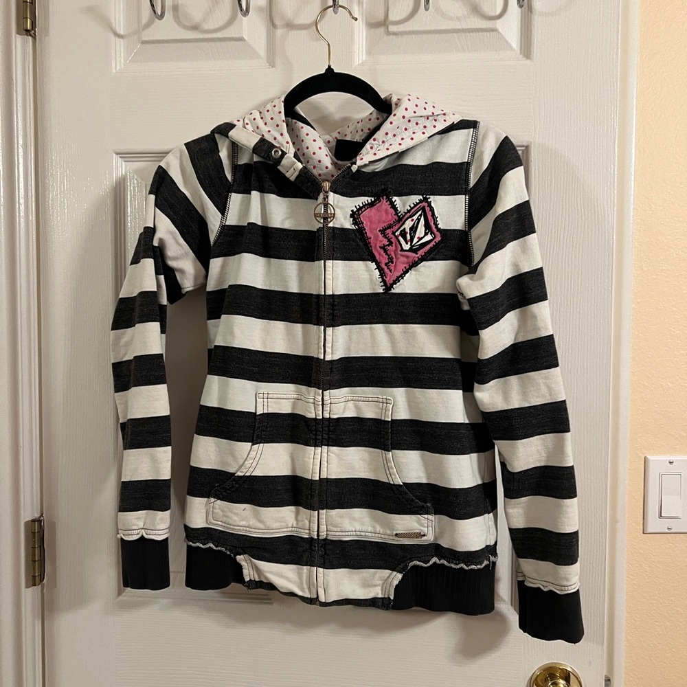 Volcom Black and White Striped Hoodie with Pink polkadot hood- women’s M